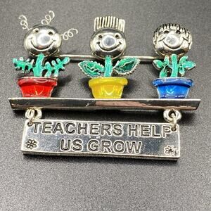 Danecraft Flower Pot Kids Silver Tone Enamel Charm Brooch